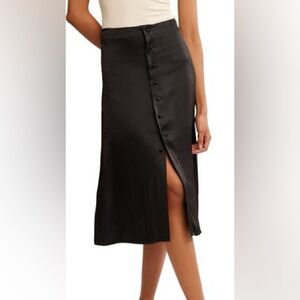 NWT Free People Analise Satin Black Button-Down Midi Skirt Sz 8